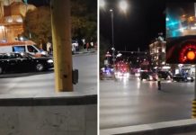 Кортеж на НСО спря линейка с включени светлини линейка